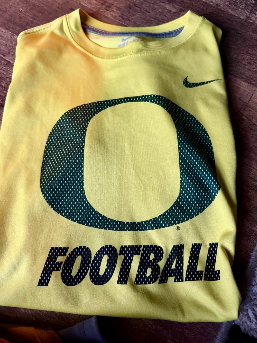 Nike Yellow Tee with Dark Green Oregon 'O' and FOOTBALL Graphic